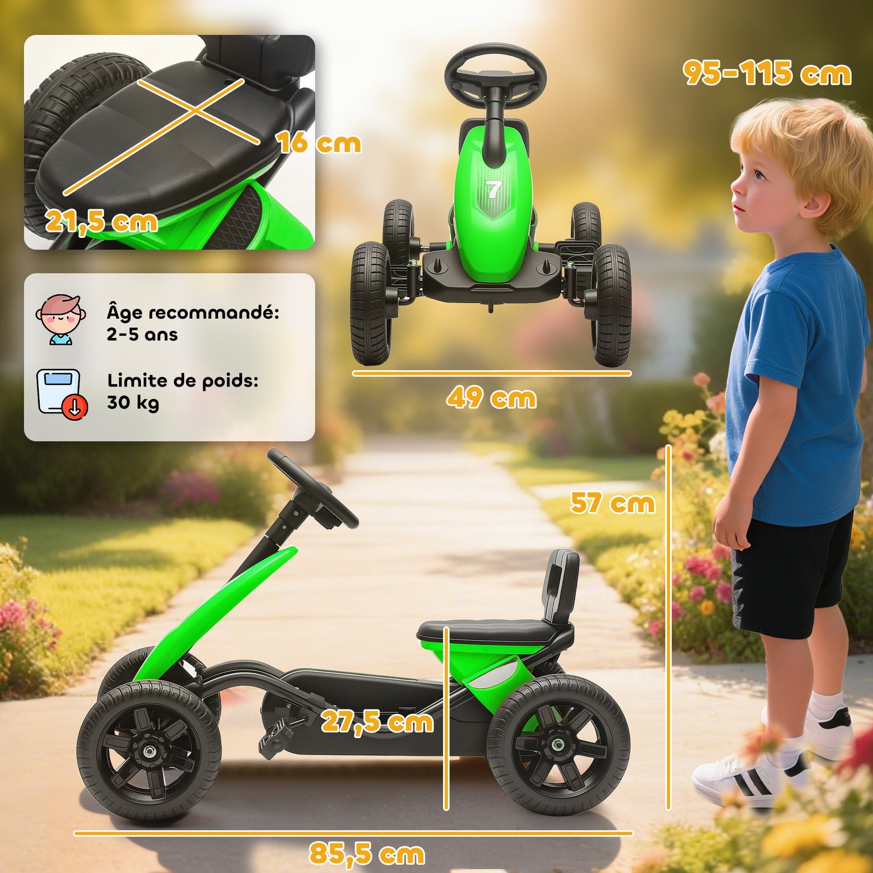 Kart à pédales pour enfants, karting enfant de 2 à 5 ans avec roues EVA silencieux, avancer et reculer, vert