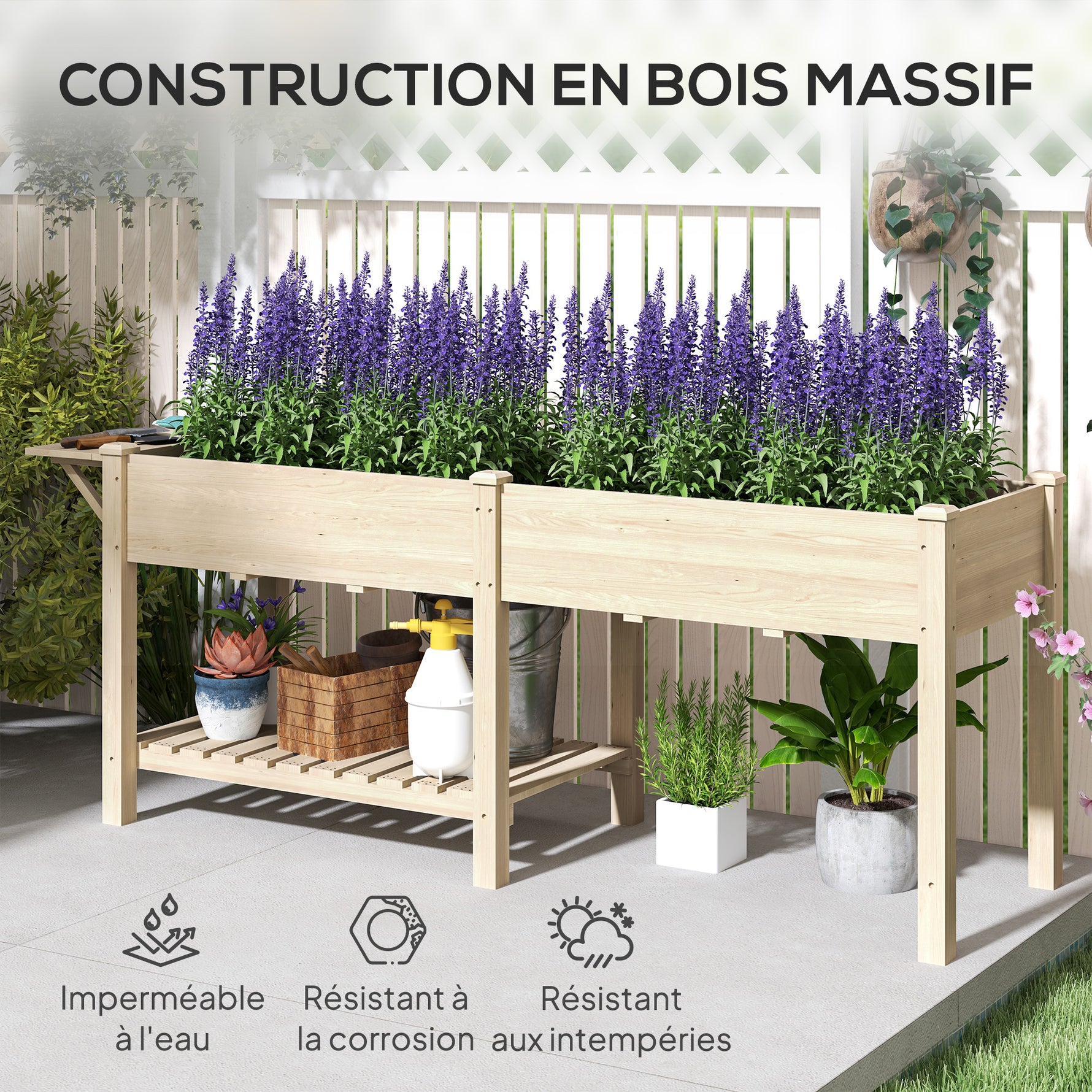 Jardinière sur pieds carré potager de jardin sur pieds 2 bacs tablette étagère inférieure 207 x 59 x 78 cm bois naturel