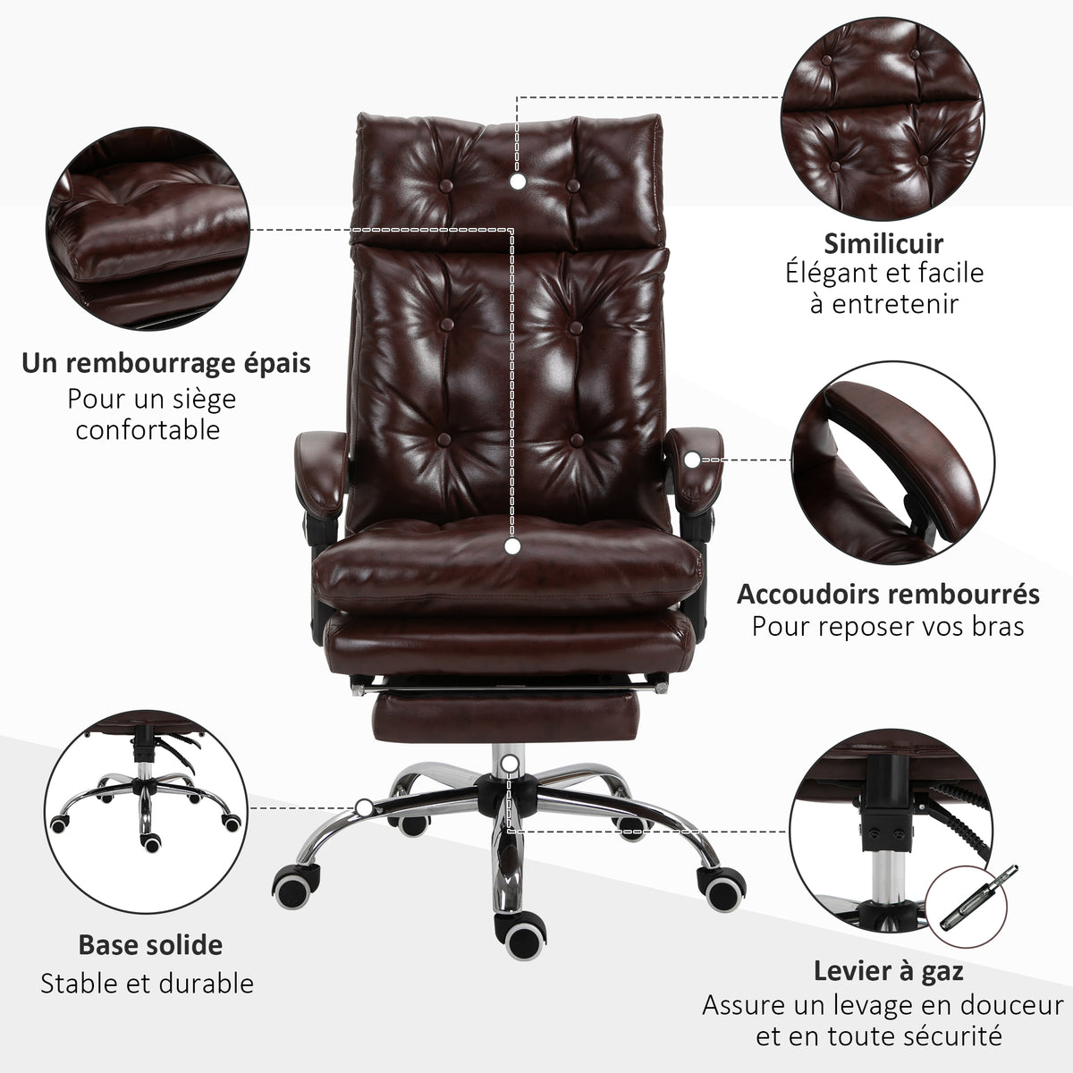 Fauteuil de bureau chaise de bureau ergonomique avec hauteur réglable dossier inclinable repose-pied rétractable marron