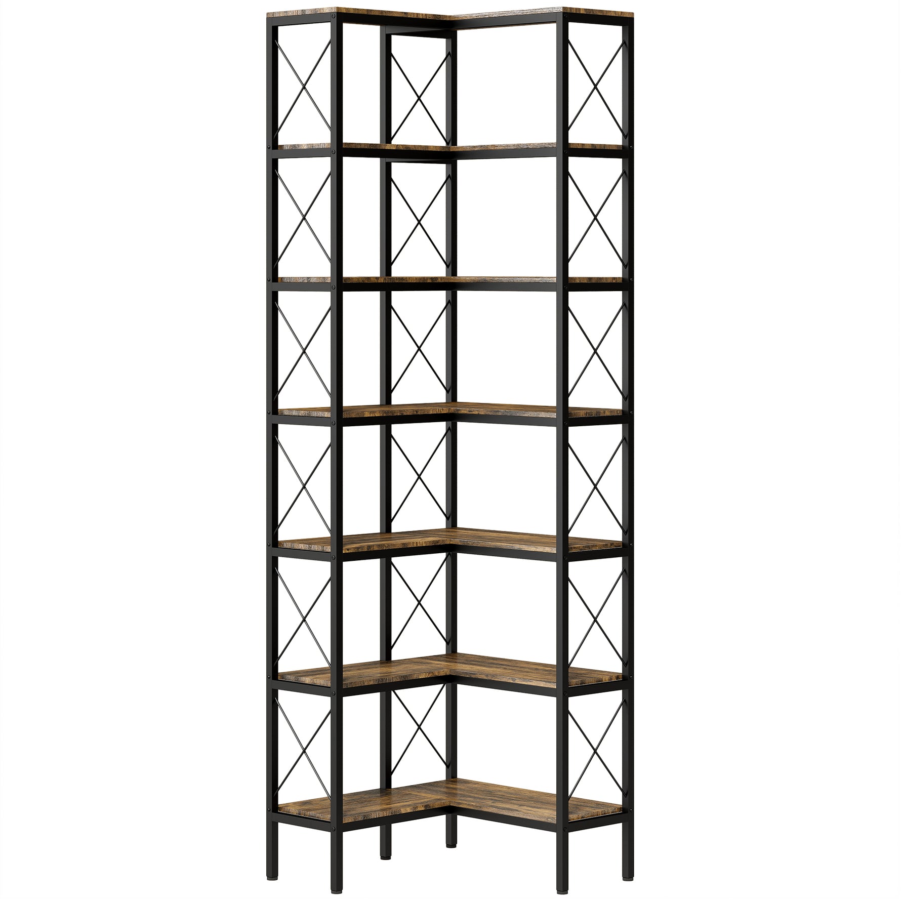 Bibliothèque d'angle à 6 niveaux, meuble de rangement en métal pour salon, chambre, bureau, 60x60x200cm, brun rustique
