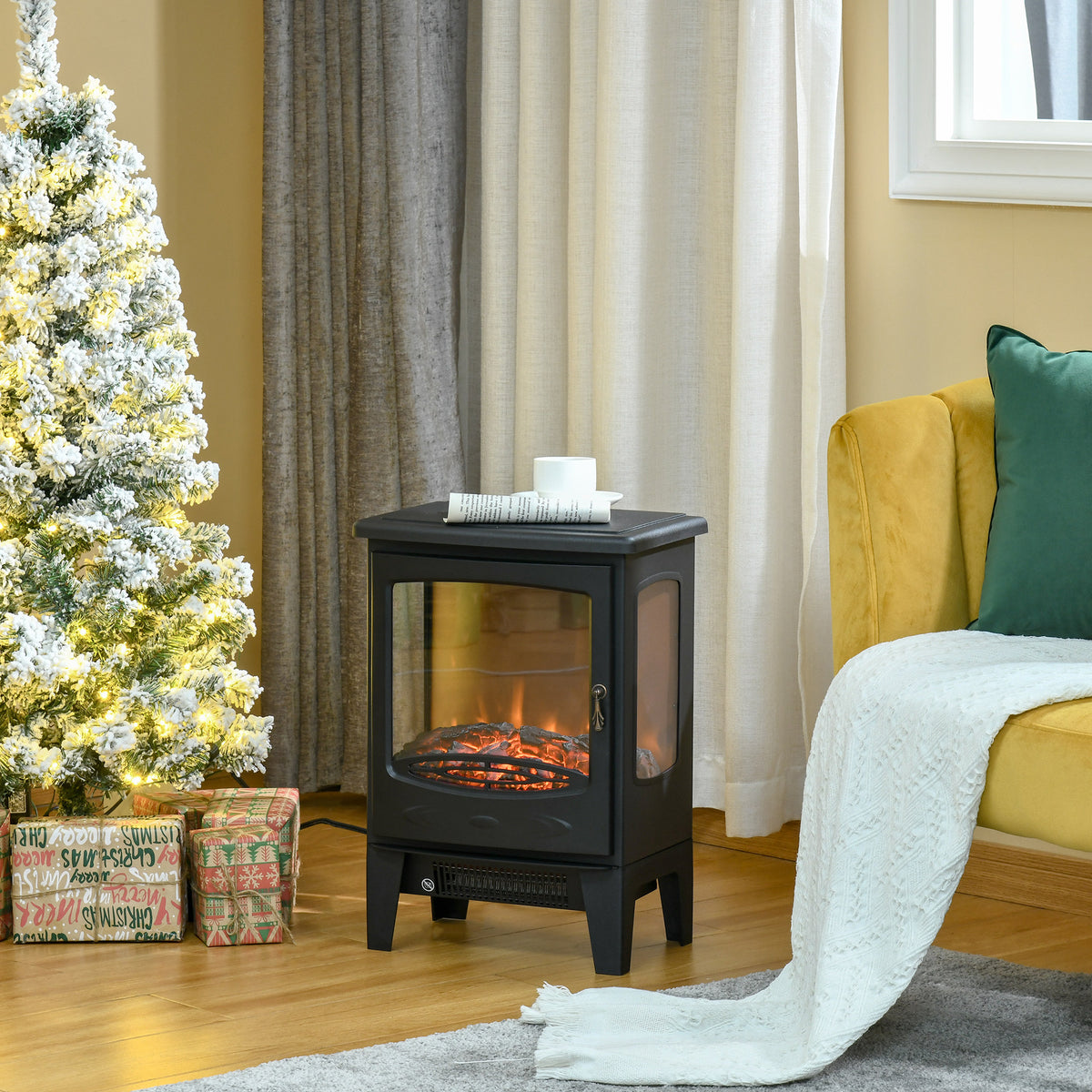 Cheminée électrique poêle Style néo-rétro 900-1800 W Simulation Flammes LED luminosité réglable Acier ABS Noir