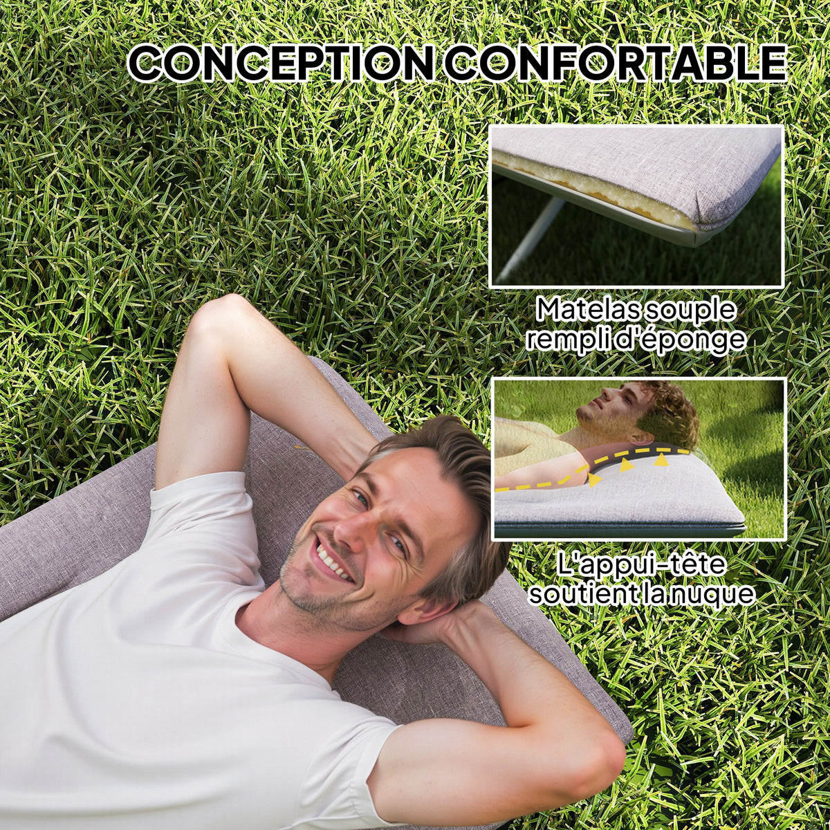 Cama de camping plegable con colchón, tumbona, silla reclinable y bolsa de almacenamiento integrada, dim. 185L x 65l x 37H cm, gris