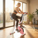 Vélo d'Appartement Pliable 4-en-1 - Ergomètre Magnétique Silencieux avec Cordes de Résistance - Sport Maison et Cardio-training avec Roulettes, Selle Confort et LCD (Max 120kg), Rose