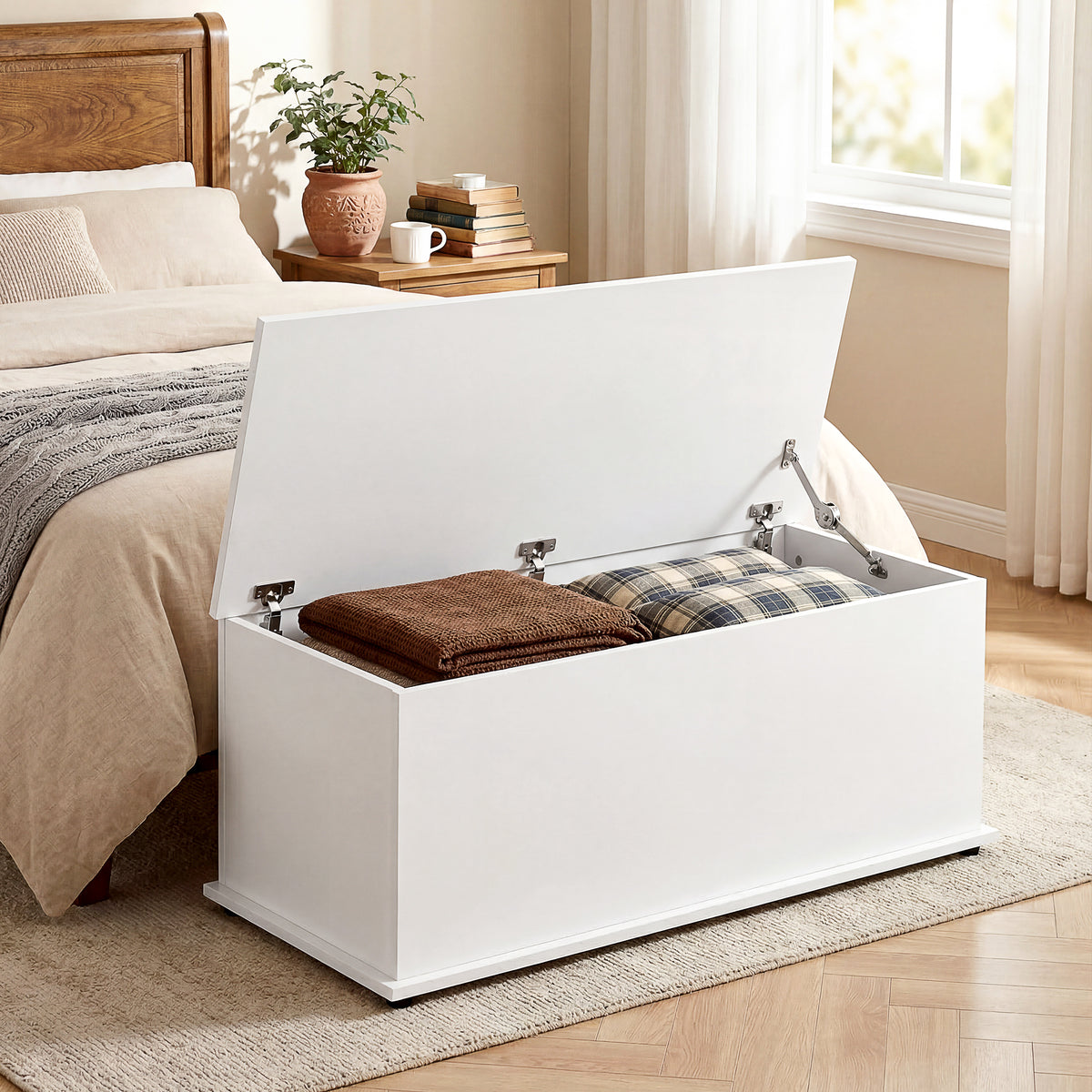 Storage chest, storage bench with flip-top lid and safety hinges, shoe bench, entryway furniture, hallway, bedroom, living room, 100 x 40 x 40 cm, white