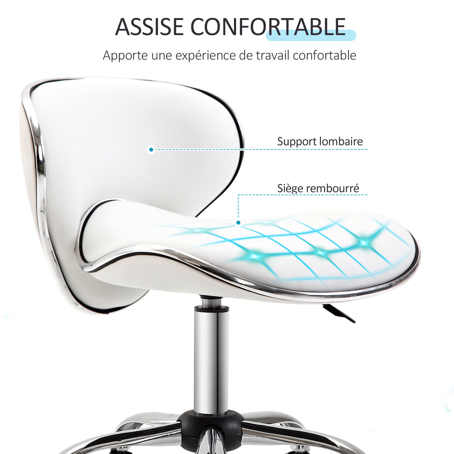 Tabouret à roulettes tabouret de travail avec hauteur réglable 44-56 cm et dossier, pivotant 360°, blanc