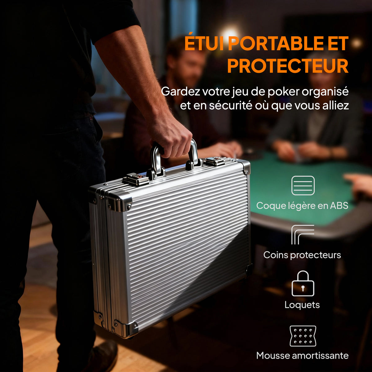 Mallette de poker coffret de poker complet 400 jetons, boîtier en ABS, cartes à jouer, dés, dealer, tapis, clés