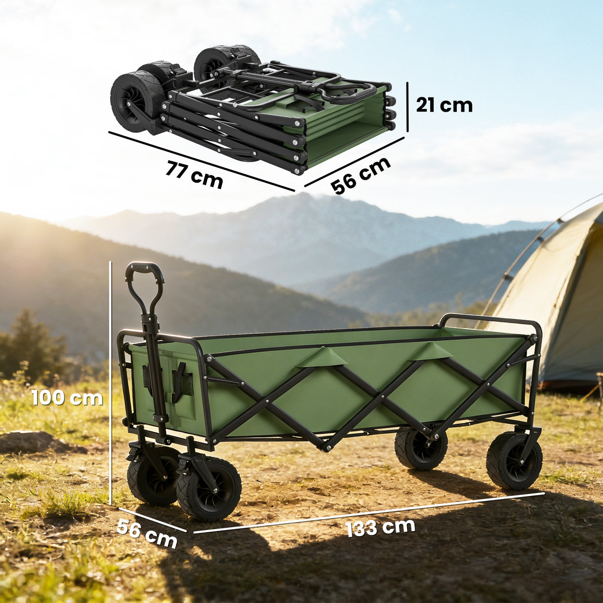 Chariot de Jardin Pliable 130L avec Roues, Remorque Robuste avec Freins, Poignée Réglable, vert