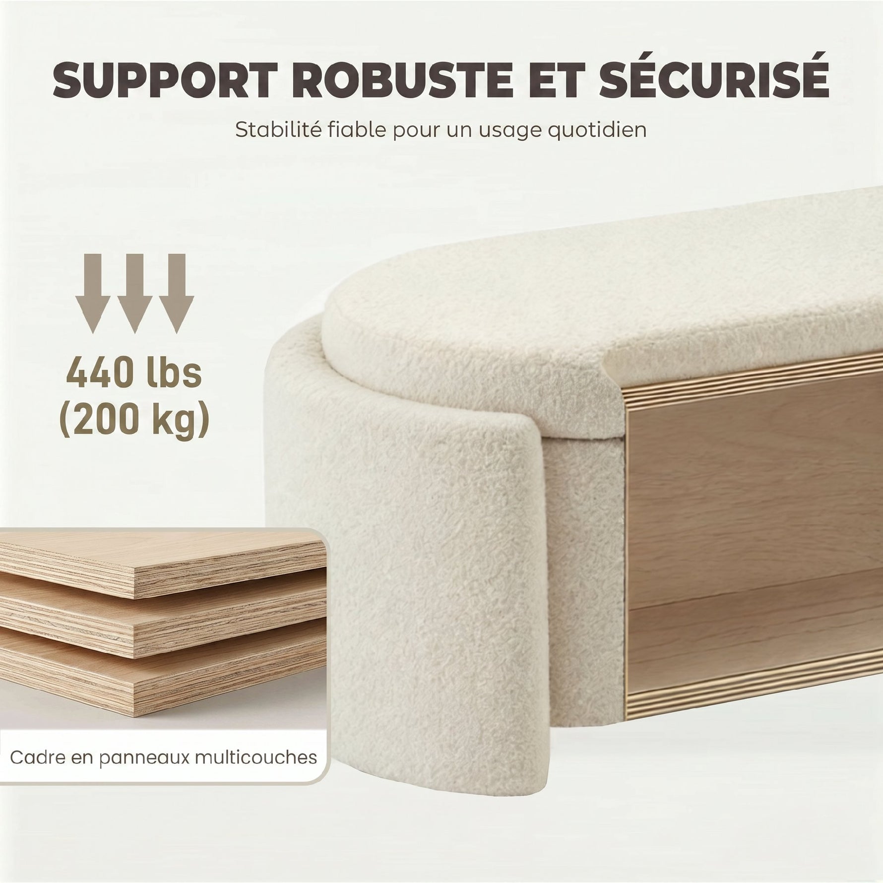Banc de rangement, bout de lit ovale en polaire Teddy avec assise large, 129 x 48,5 x 44 cm, crème