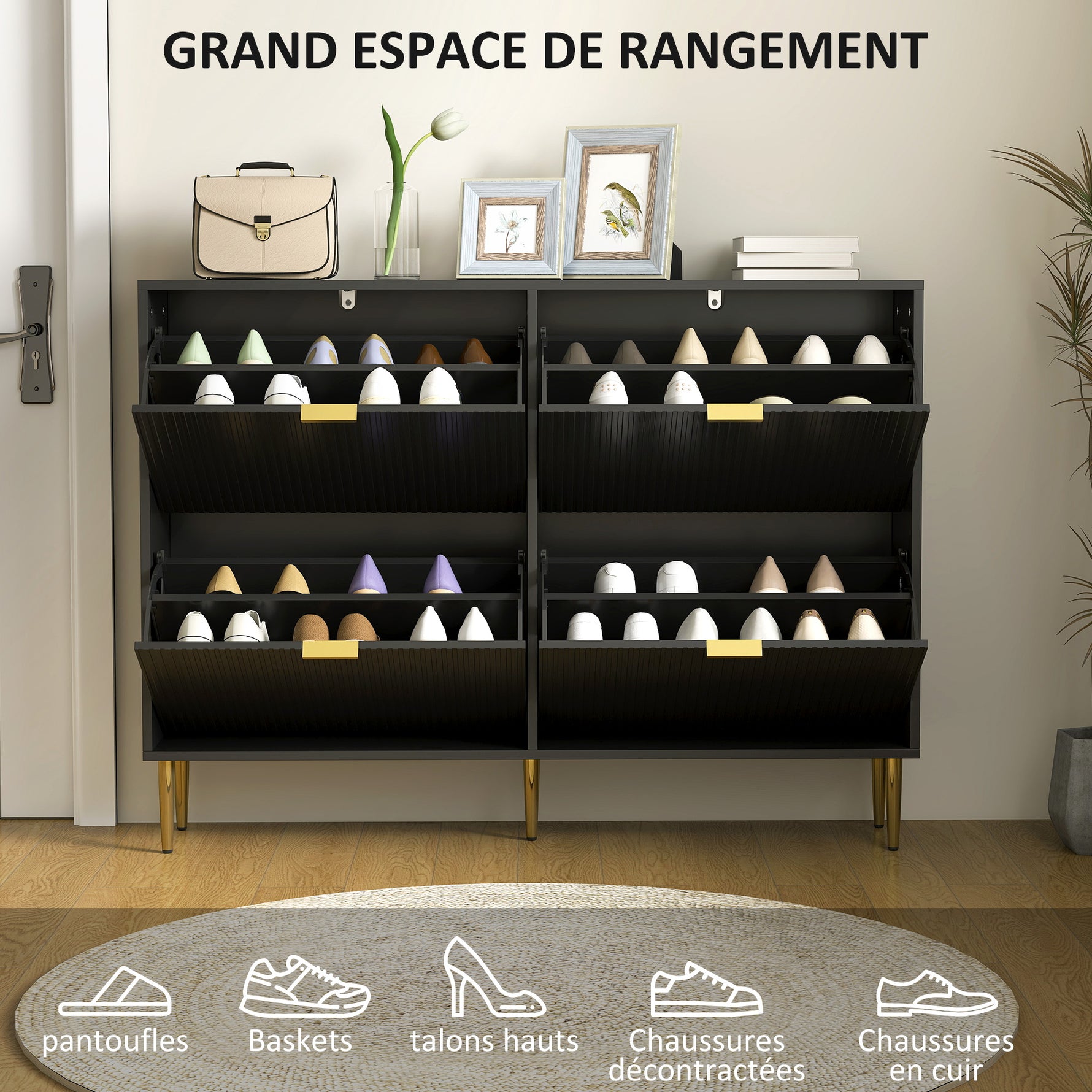 Meuble à chaussures 20 paires avec 4 tiroirs rabattables, portes cannelées et étagères réglables, 105x24x91,5cm, noir