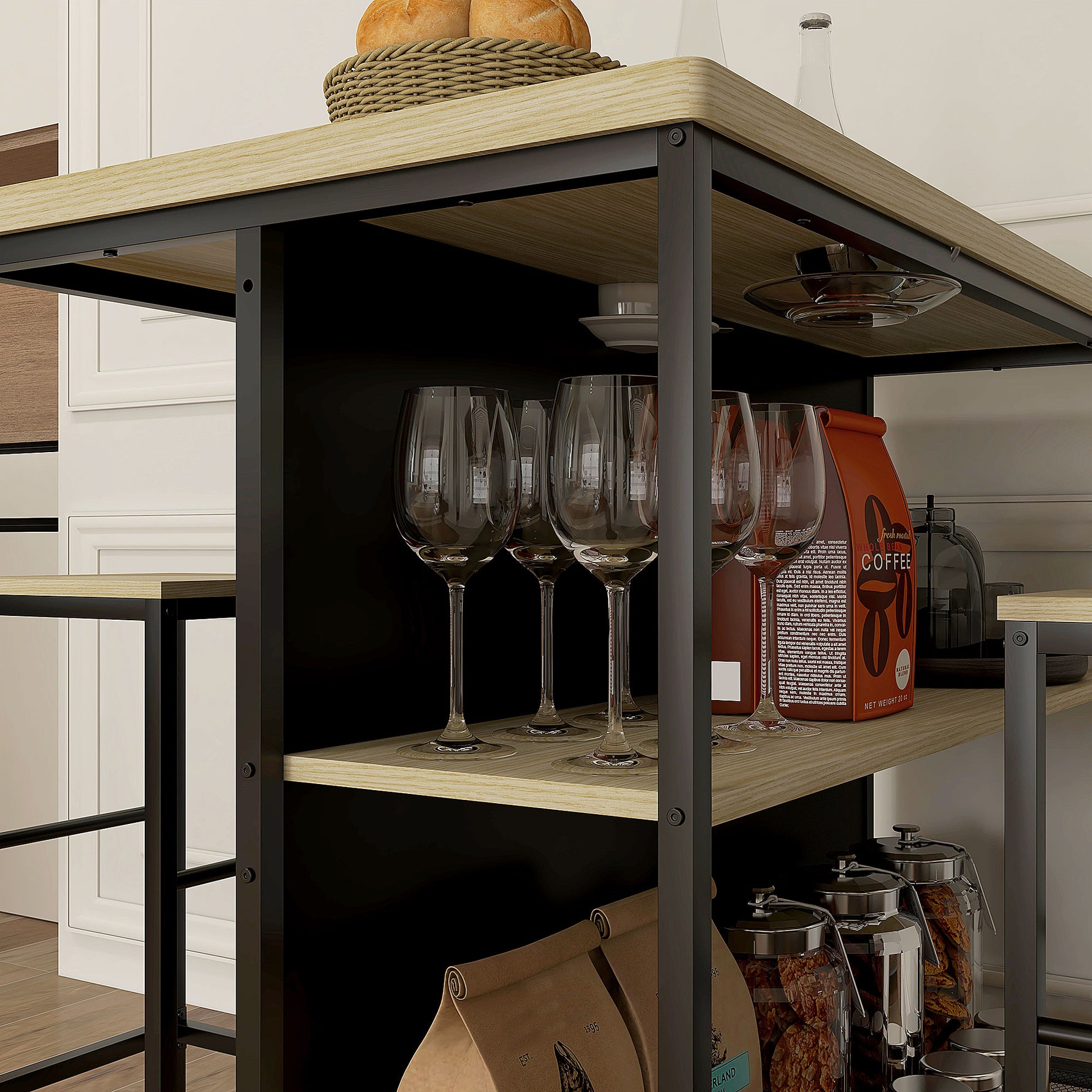 Ensemble table de bar et 2 tabourets style industriel avec étagère de rangement, repose-pieds, métal noir et aspect bois
