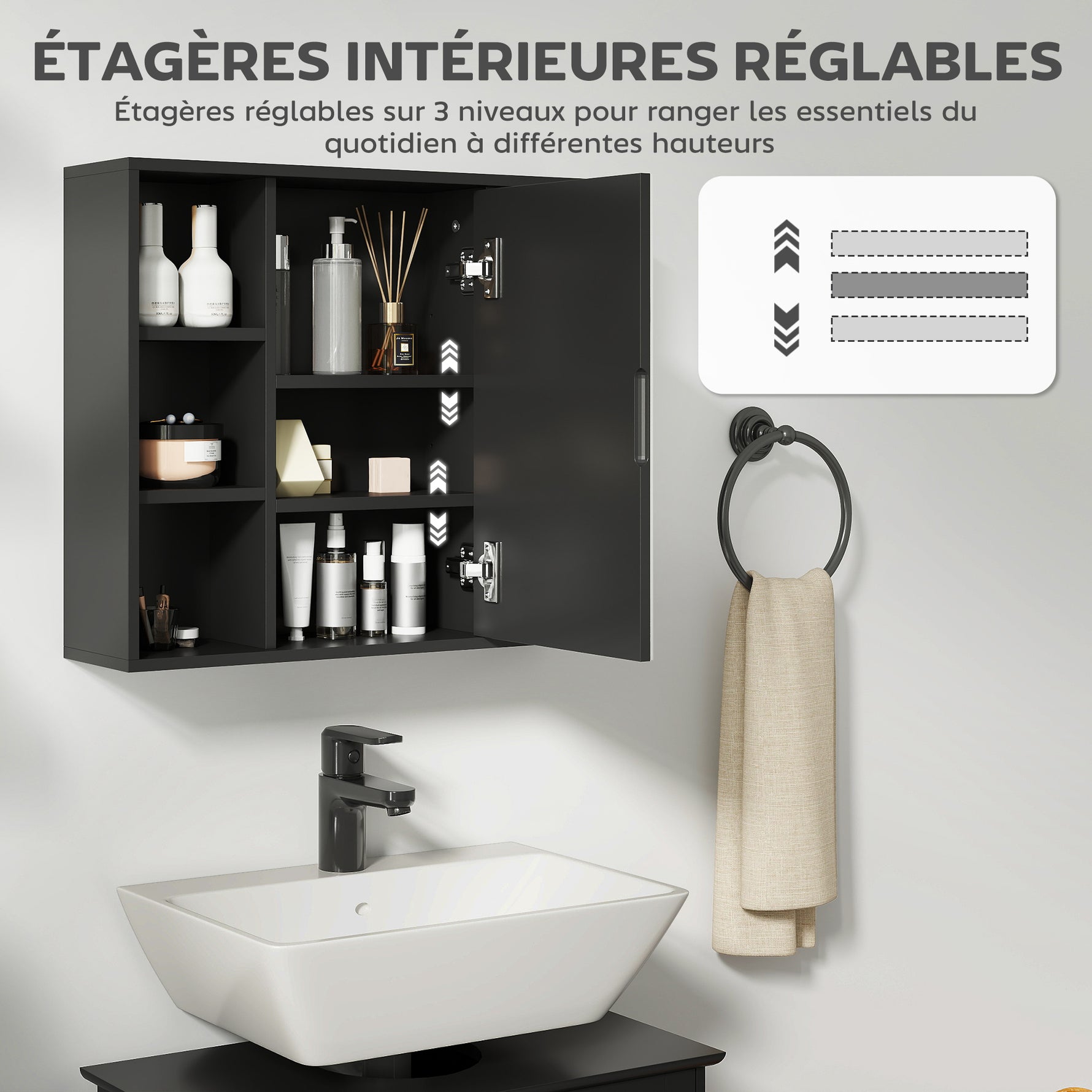 Meuble salle de bain avec miroir, placard à portes et 6 compartiments ouverts, 60 x 14,5 x 49,4 cm, noir