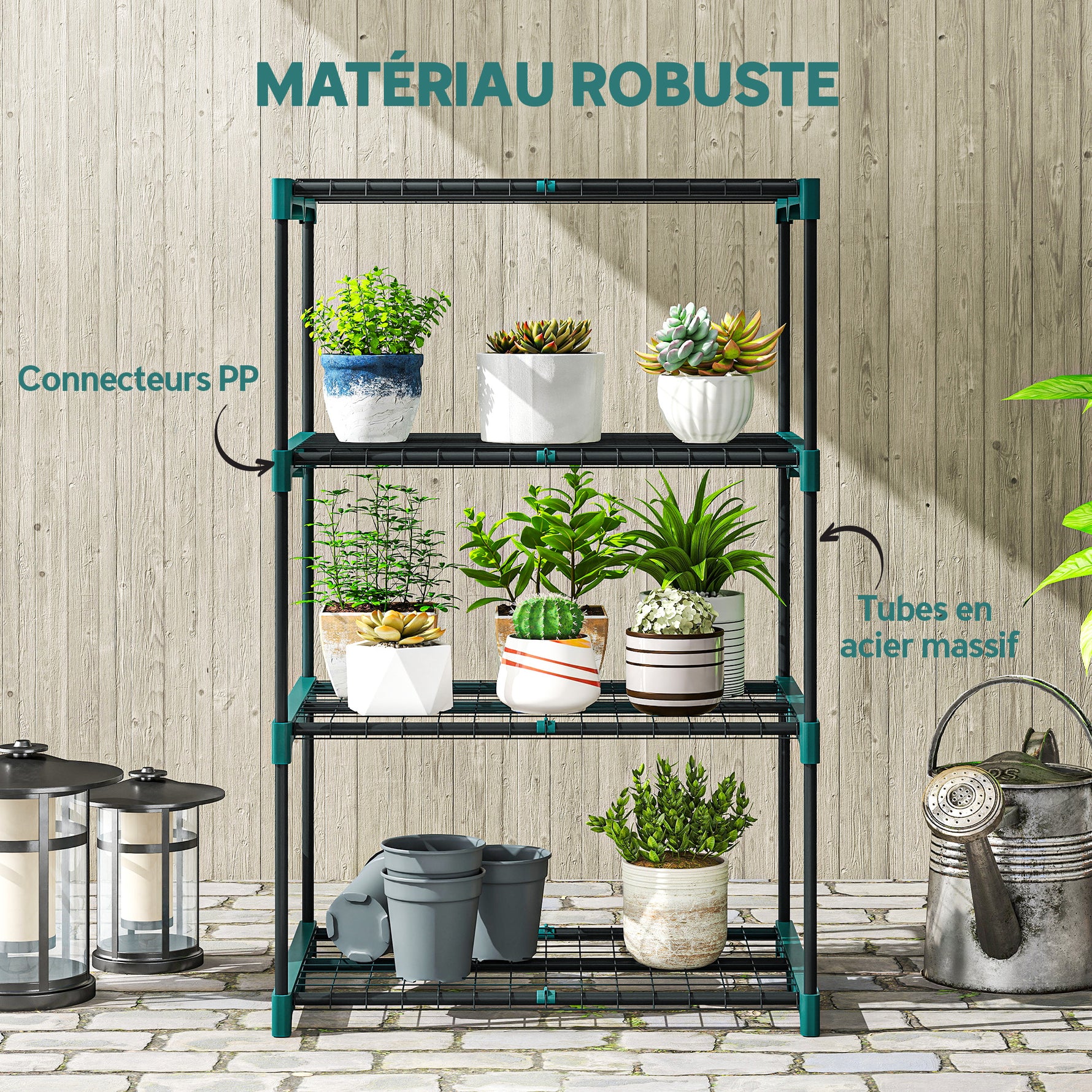 Étagère à fleurs en acier 4 niveaux intérieur et extérieur support de plantes pour jardin balcon salon 67x49x105cm vert