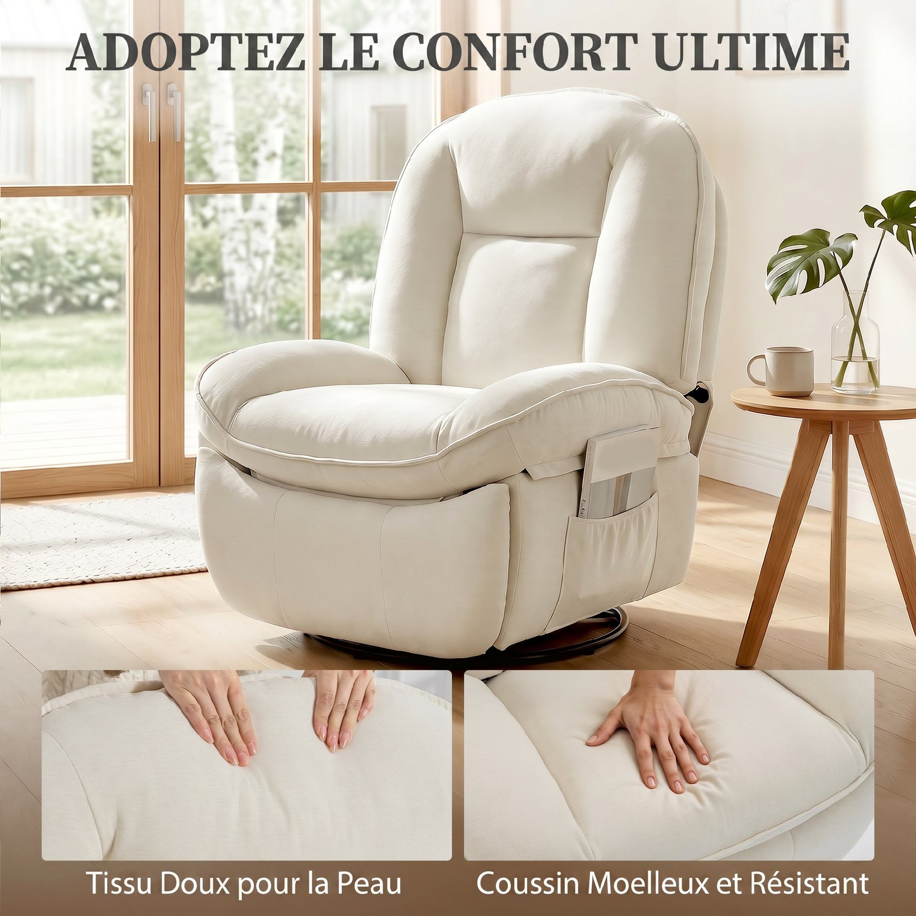 Fauteuil inclinable en chenille, fauteuil de relaxation pivotant à 360°, assise large, poches latérales, crème