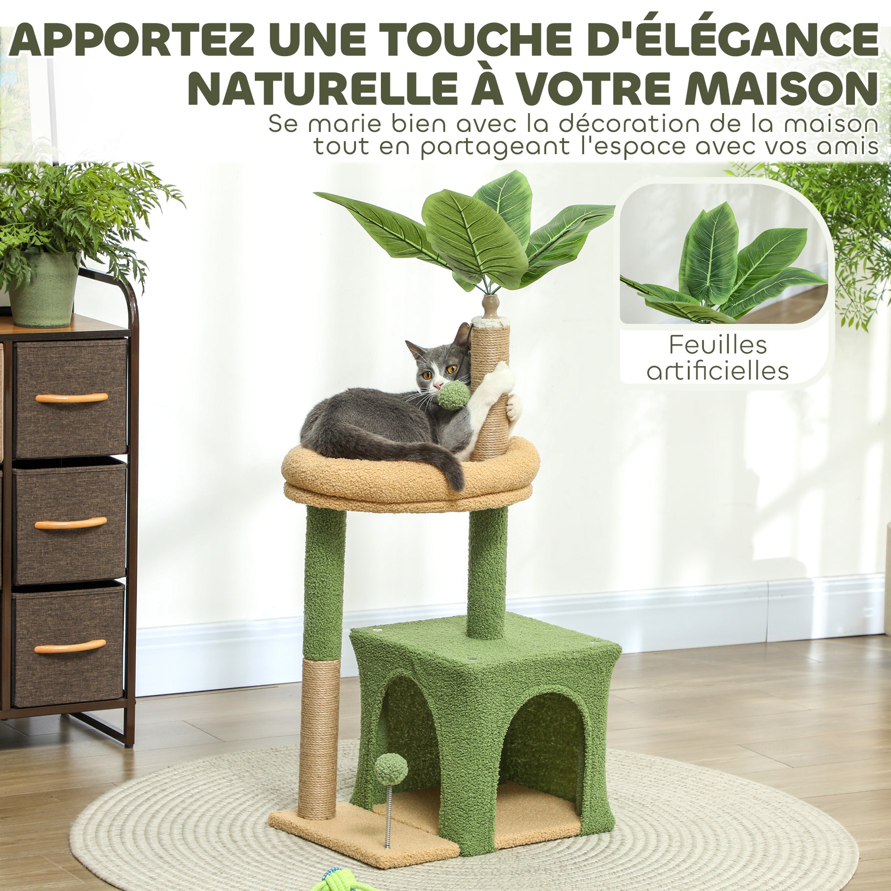 Arbre à chat tour de jeux pour chat avec niche lit griffoirs balles et feuilles artificielles 44 x 30 x 98 cm vert