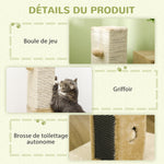 Poteau à gratter pour chat griffoir pour chat balle avec clochette 2 brosses de toilettage 59,5 x 39 x 79 cm beige crème