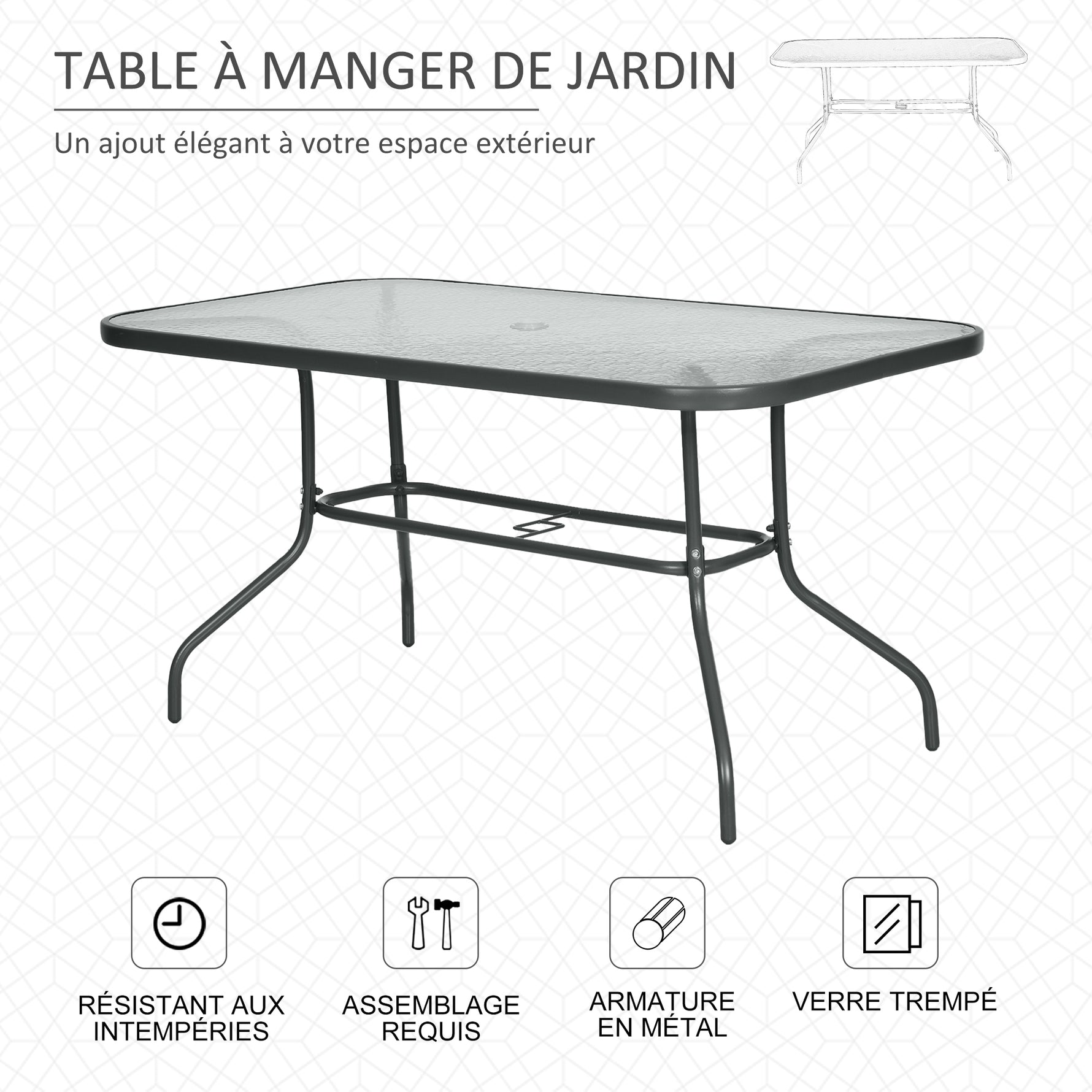 Table de Jardin rectangulaire dim. 140L X 80l x 70H cm métal époxy Gris Plateau Verre trempé
