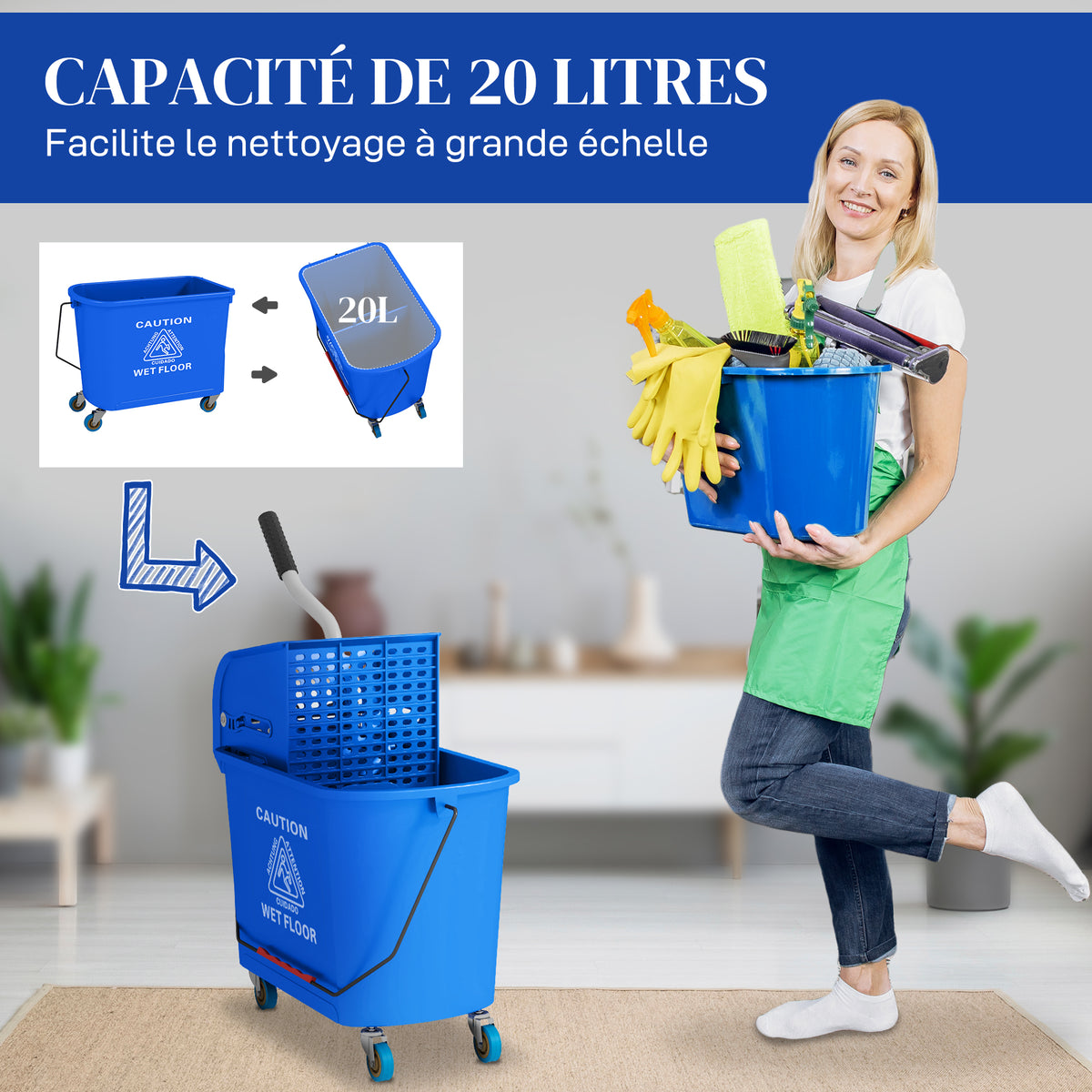 Chariot de nettoyage lavage seau de ménage 20 L avec essoreur et séparateur eau sale propre bleu 60L x 27l x 70,5H cm