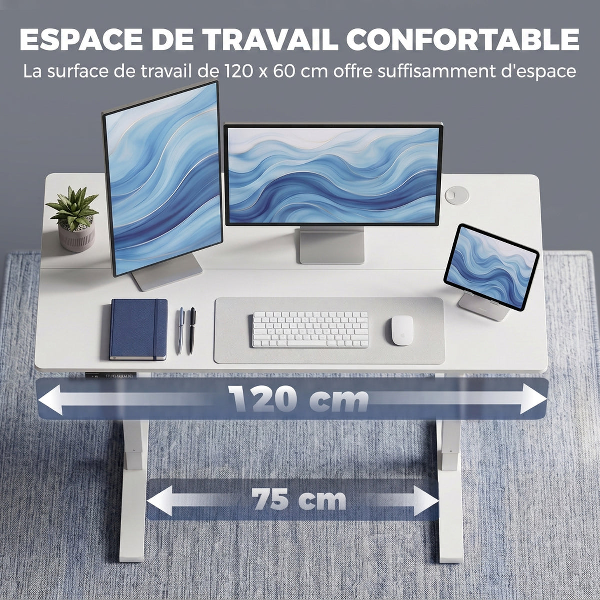 Bureau Assis Debout Électrique 120 x 60 cm, Mémoire 3 Hauteurs, Sécurité Enfant et Anti-Collision, pour Travail, Blanc