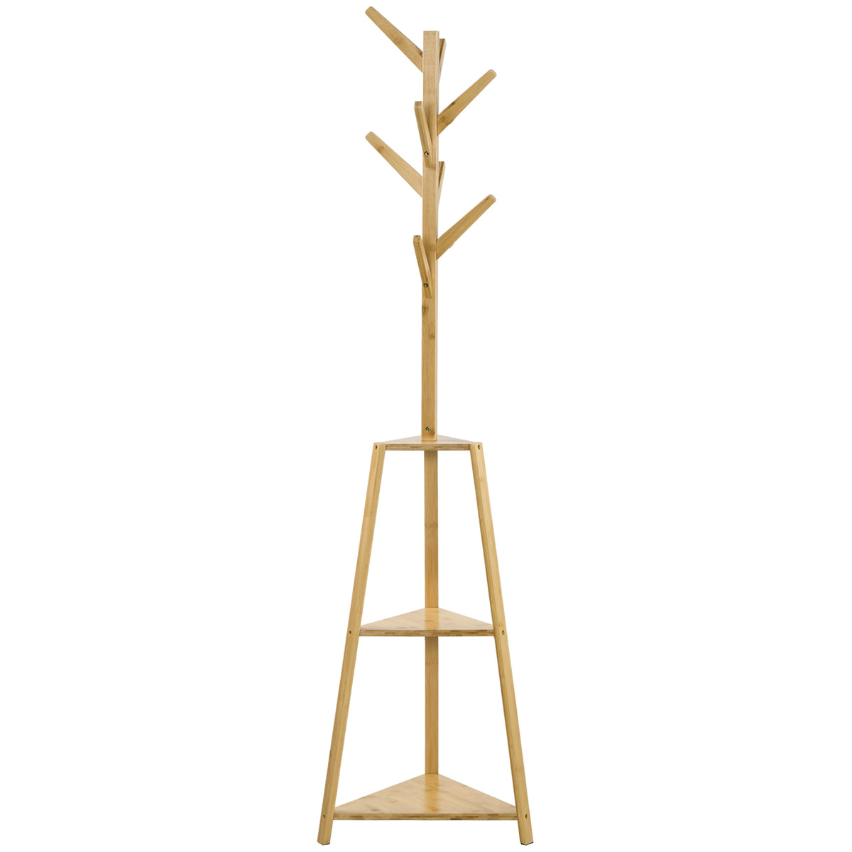 Portemanteau sur pied en bois bambou portant à vêtements 8 patères 3 étagères 46 x 46 x 175 cm naturel