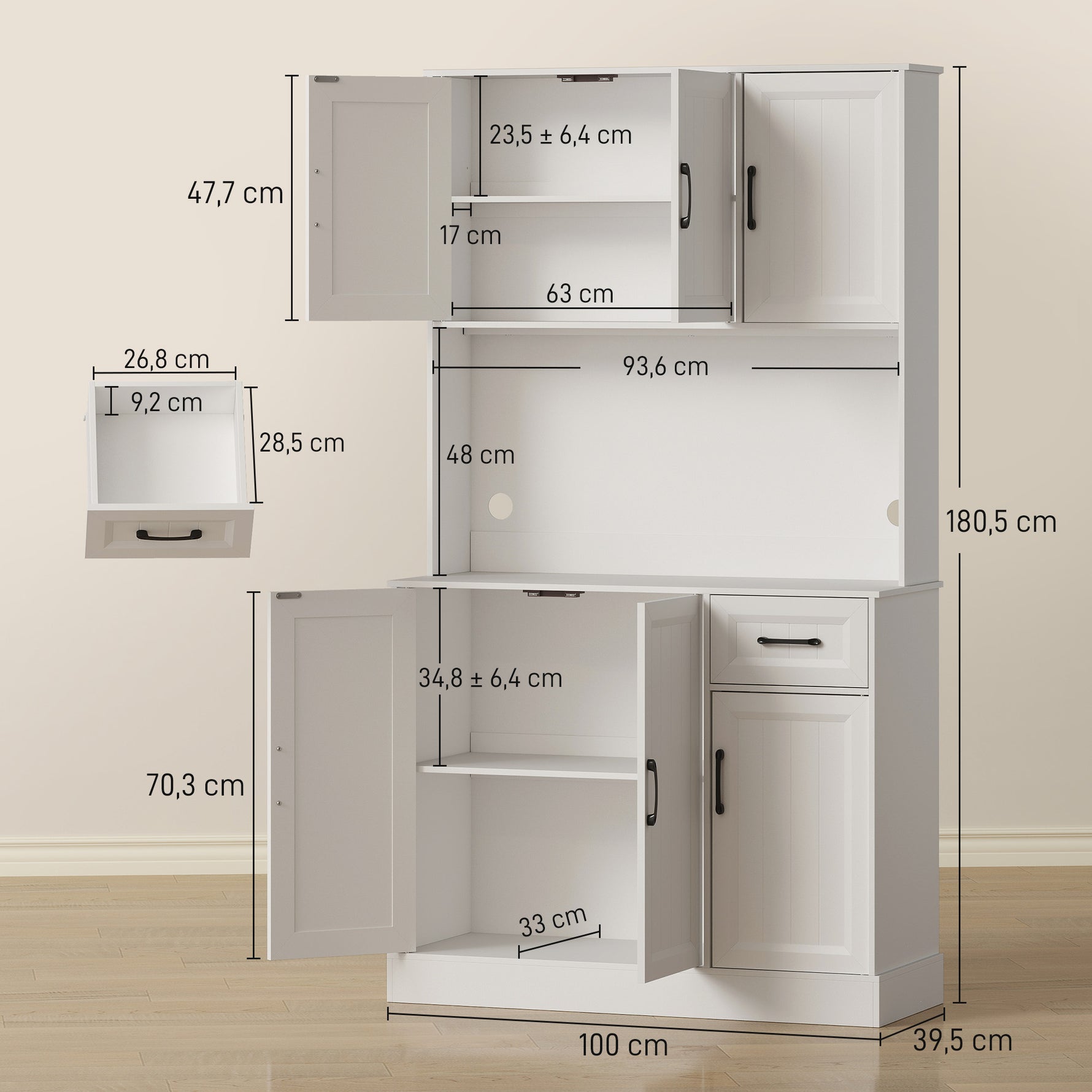 Buffet Haut Cuisine Moderne, 6 Portes, 1 tiroir, 1 Compartiment Ouvert, Étagères Réglables, 100 x 39,5 x 180,5 cm, Blanc