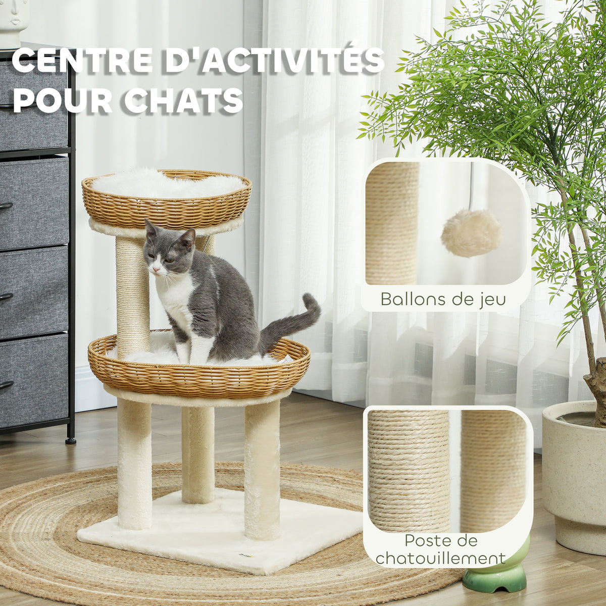 Arbre à chat arbre à grimper hauteur de 75,5 cm avec deux lits pour chat en rotin griffoirs coussins lavables beige