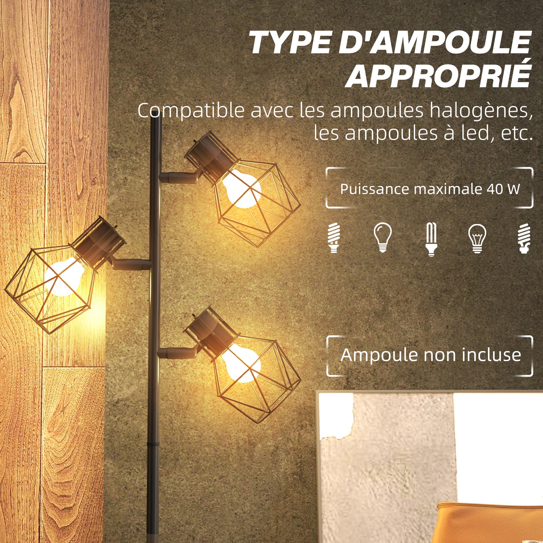 Lampadaire sur pied salon lampe sur pied 3 lumières adaptée aux ampoules E27 (non incluses) 41 x 28 x 169 cm noir