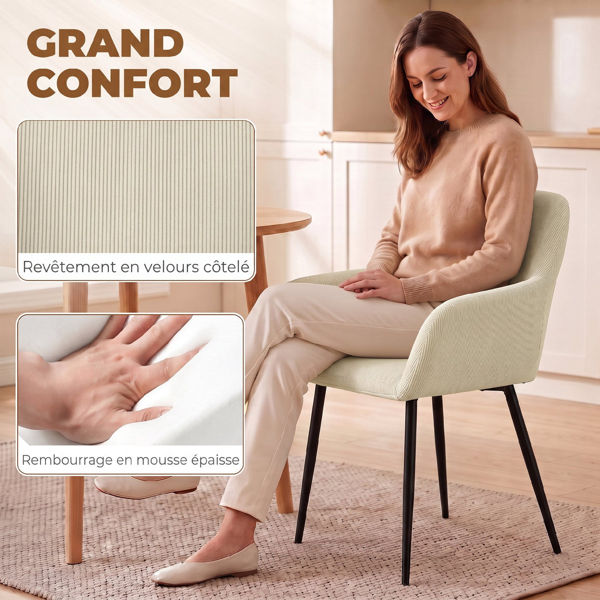 Lot de 2 chaises de salle à manger, chaises de cuisine rembourrées en velours côtelé avec accoudoirs et dossier, crème