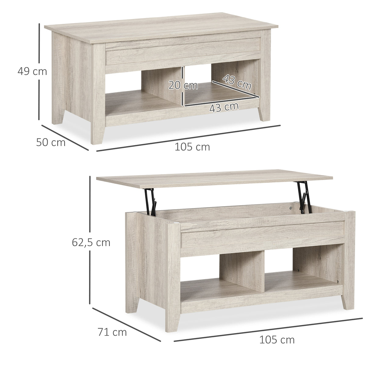 Table basse plateau relevable, table de salon avec étagères et compartiment caché,105 x 50 x 49-62,5 cm pour salon, chambre, aspect chêne clair