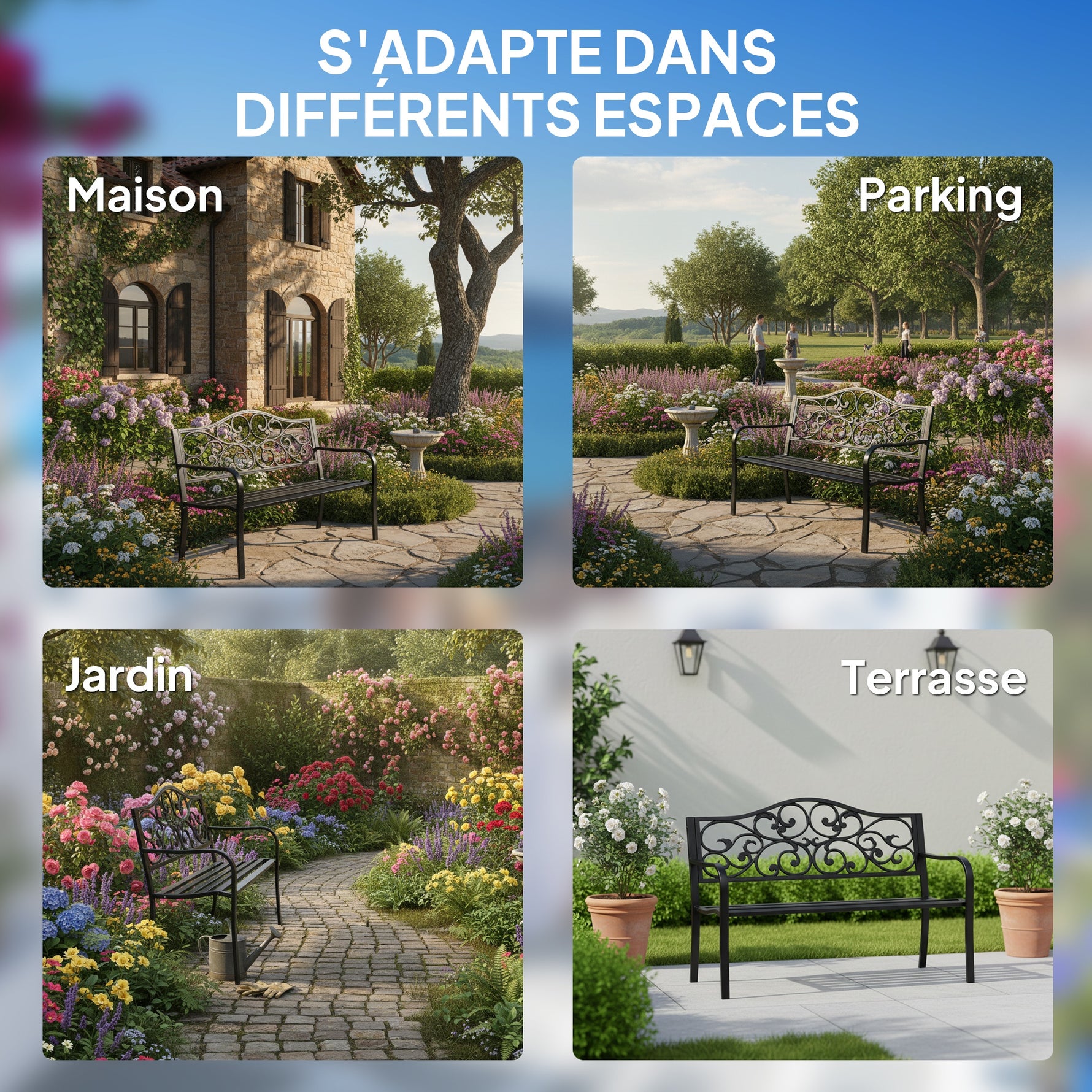 Banc de jardin 3 places terrasse Style Cosy Chic 127L x 60l x 85H cm métal époxy anticorrosion Noir
