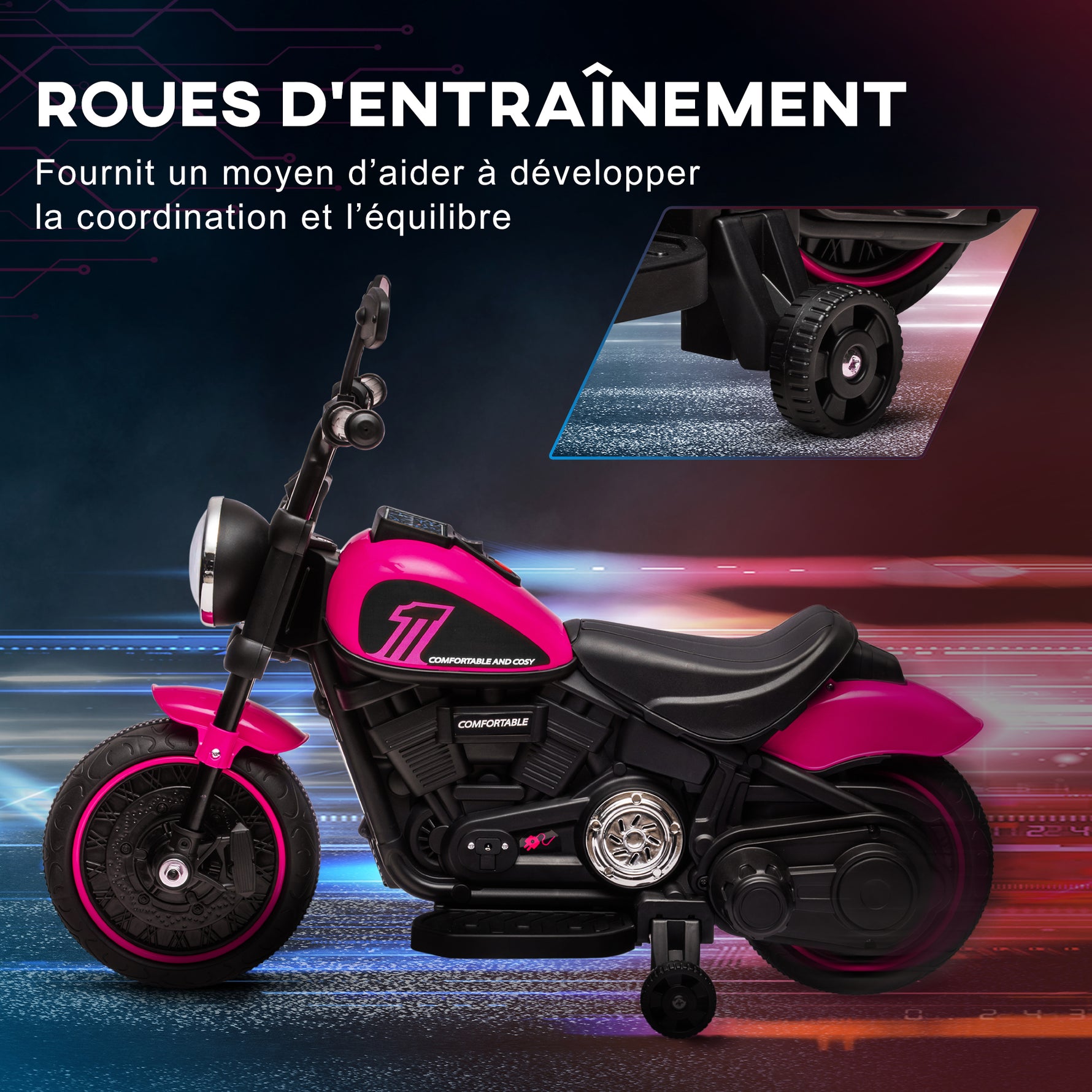 Moto électrique pour enfants 3 km/h 6V avec phare LED 2 roues d'entraînement de 18 à 36 mois avec moteur puissant rose