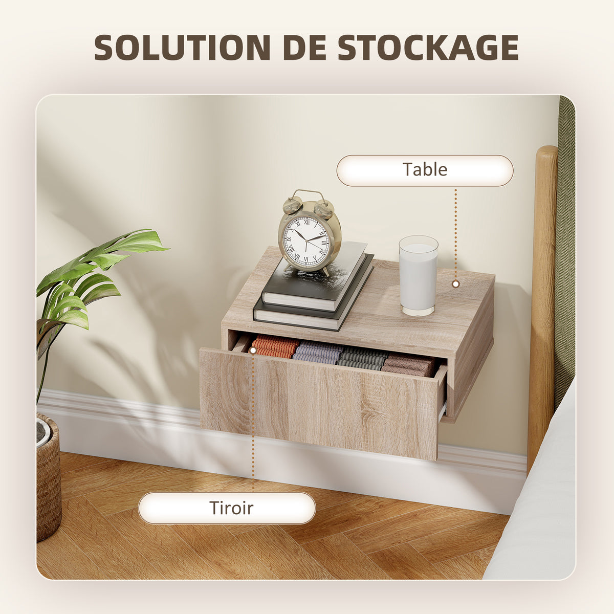 Lot de 2 tables de chevet murales, tables de nuit suspendues avec tiroir coulissant, 40 x 30 x 15 cm, chêne