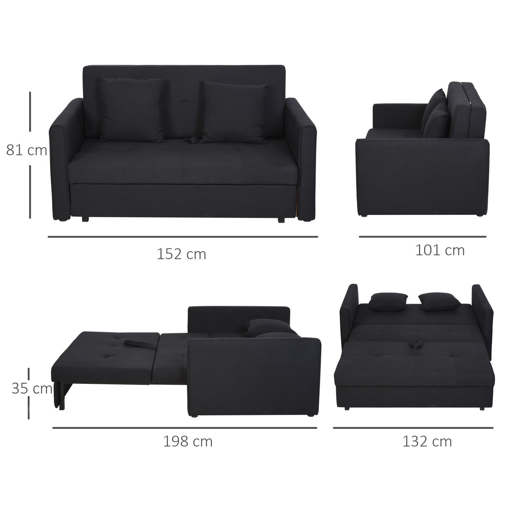 Canapé-lit 2 places convertible 2 en 1 avec 2 coussins et coffre de rangement intégré 152 x 101 x 81 cm gris foncé