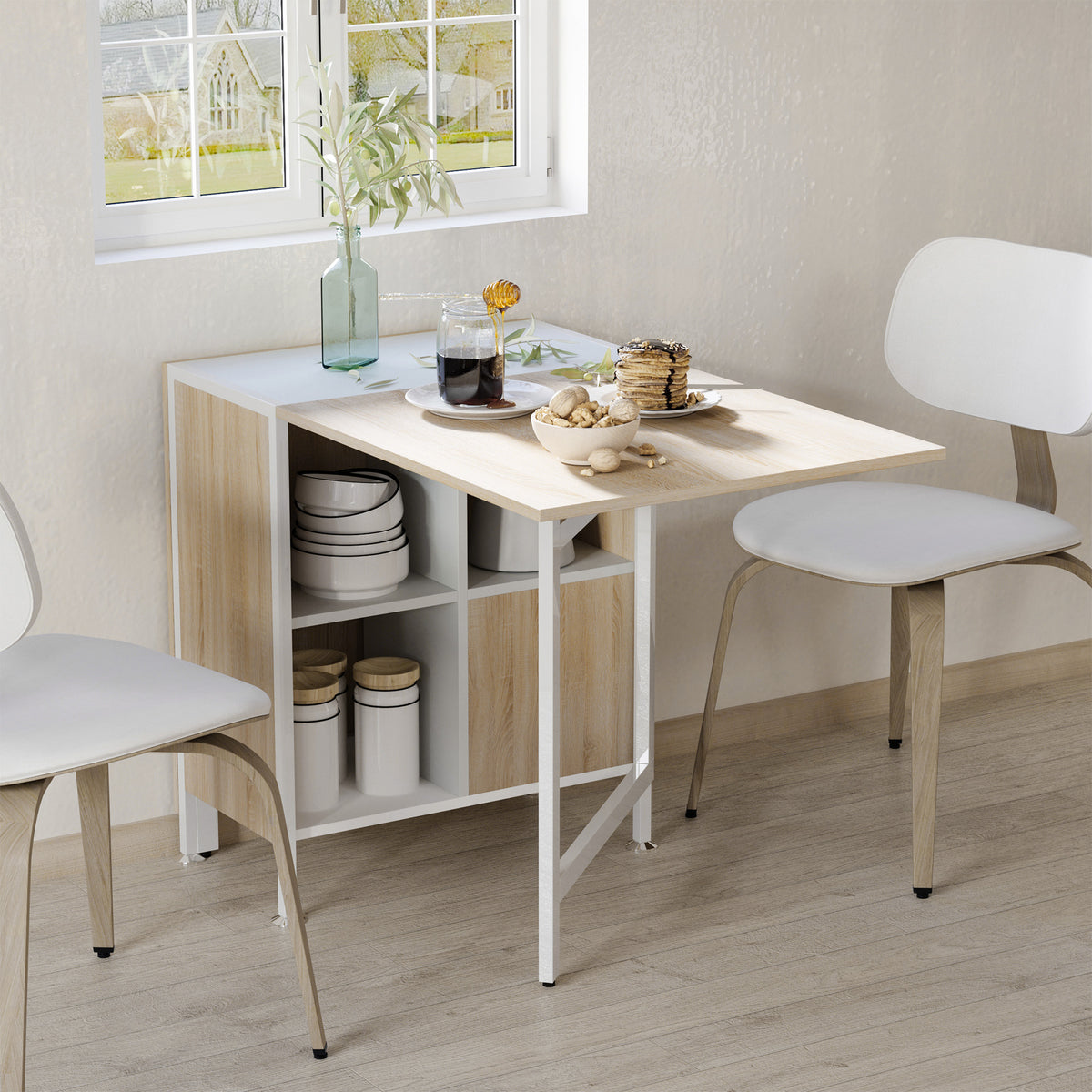 Mesa de cocina plegable para 4 personas, mesa de comedor con 4 nichos integrados para espacios pequeños, dim. desplegada 169L x 62an x 75Al cm, MDF roble claro, acero blanco