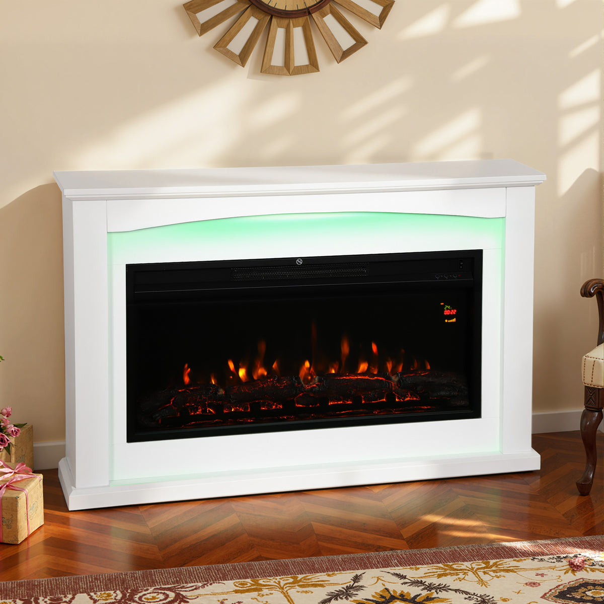 Cheminée électrique 1000W/2000W, fausse cheminée décorative, effet flamme à 5 luminosités réglables, 121x25x77cm, blanc