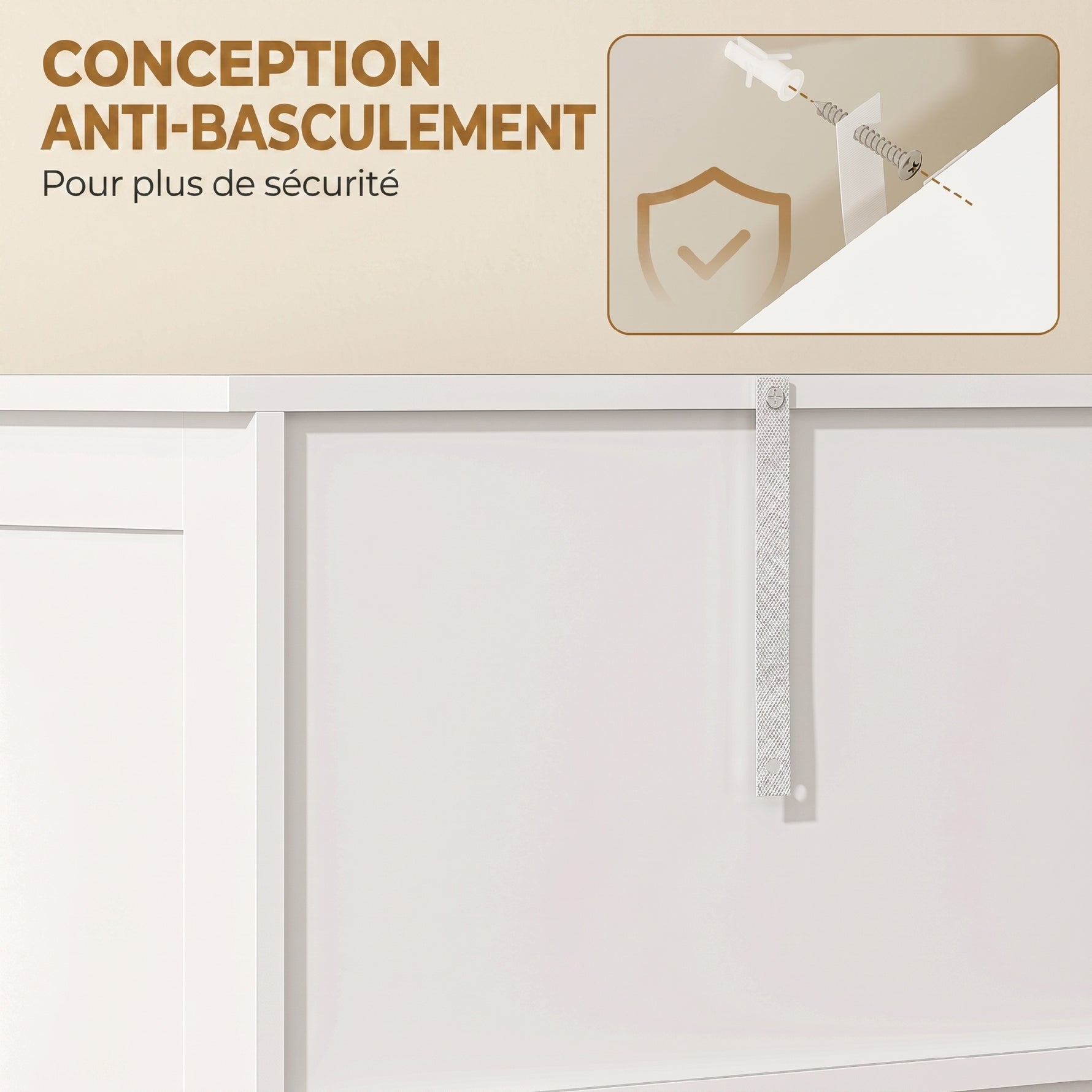 Meuble de salle de bain haut, meuble de rangement avec 6 portes dont 2 vitrées et 2 persiennes, étagère réglable, blanc