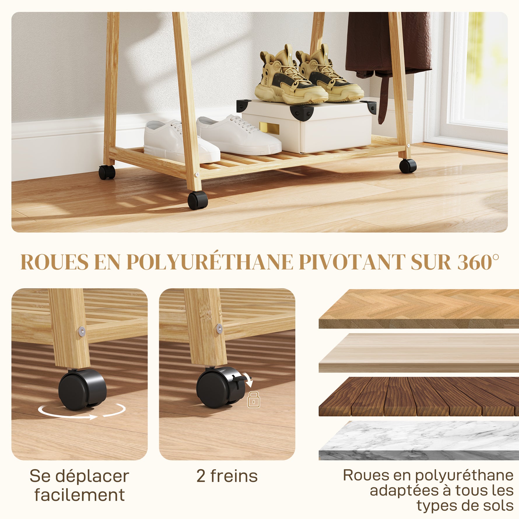 Portant à vêtement portemanteau en bambou sur roulettes avec 2 étagères et 2 crochets, pour entrée, chambre