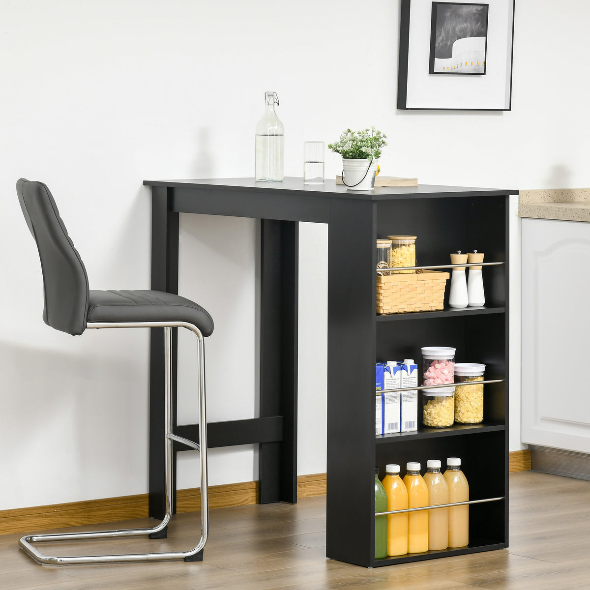 Bar mahai sukaldeko mahai altua zutik jateko mostradorea - neurriak: 112L x 57l x 106H cm - 3 apal - beltza