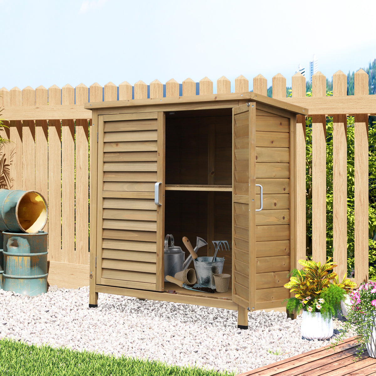 Armoire de jardin abri jardin remise pour outils sur pied dim. 87L x 46,5l x 96,5H cm  étagère portes persiennes toit bitumé jaune