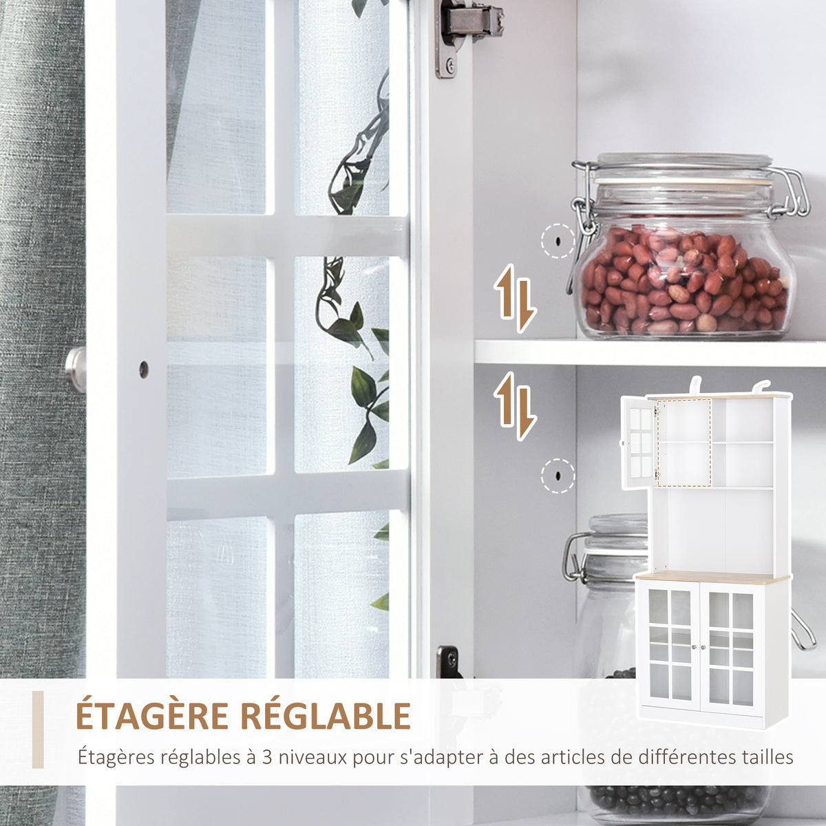 Aparador de cocina, mueble de cocina alto de almacenamiento, mueble de almacenamiento con encimera, 3 puertas acristaladas, 2