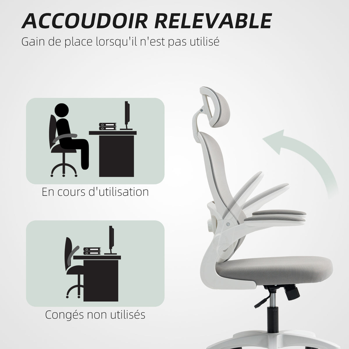 Chaise Bureau Ergonomique, Fauteuil de Bureau en Maille avec Accoudoirs Rabattables, Hauteur Réglable, 64x62x115cm, Gris