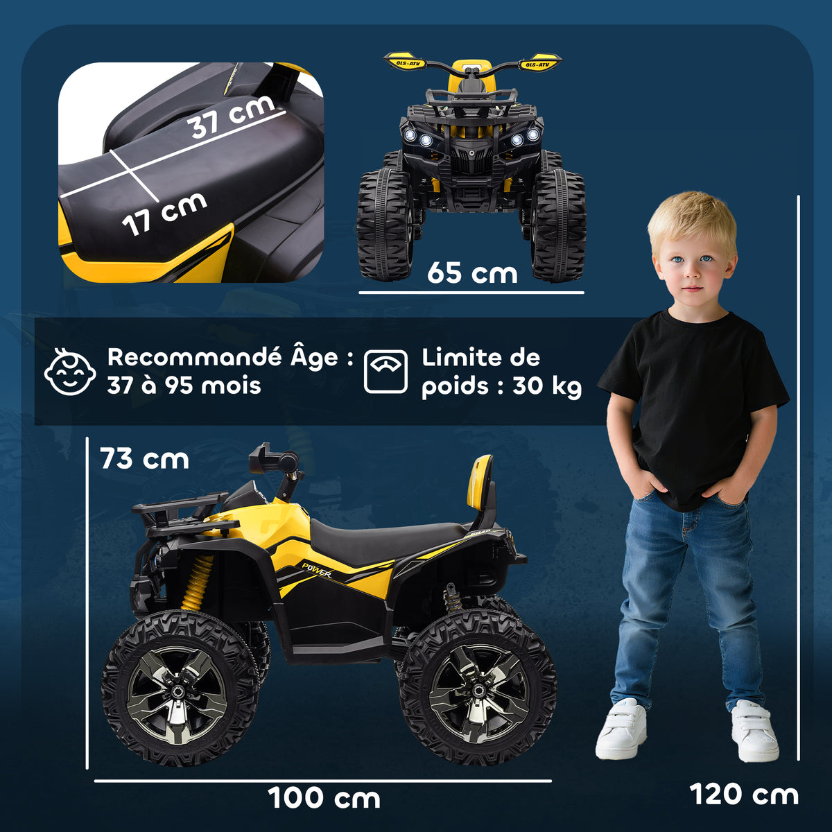 Quad Buggy électrique Enfant 12 V 8 Km/h Max. Voiture électrique Enfant avec Effets Lumineux sonores Selle avec Dossier Porte-Bagage Avant métal PP Jaune Noir