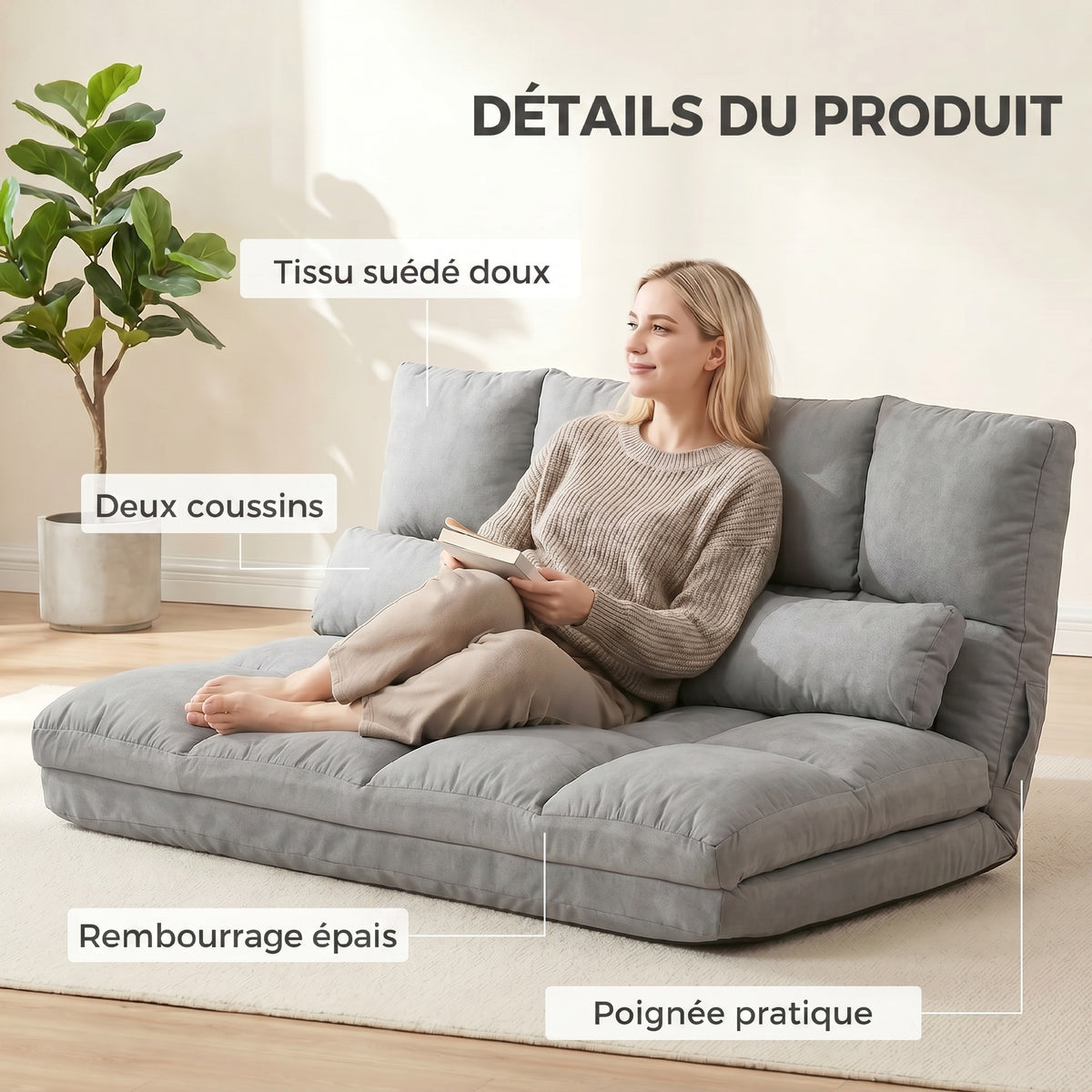 Chauffeuse 2 places canapé-lit convertible fauteuil de sol pliable dossier réglable 2 coussins inclus en polyester aspect suédé, pour salon, chambre et bureau, gris