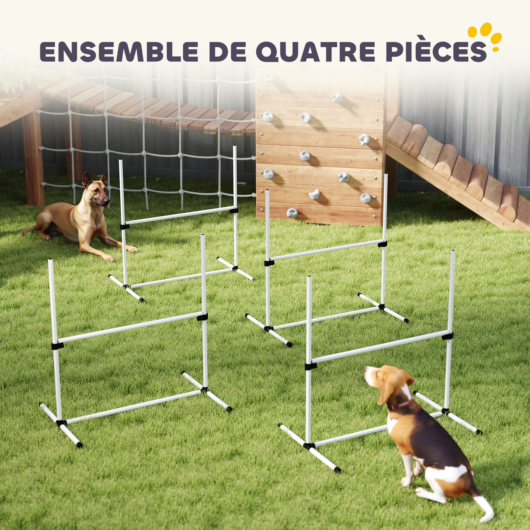 Agility pour Chiens, Kit Agility Chien Parcours, Set de 4 Obstacles Professionnels Hauteur Réglable, Système de Maintien au Sol, Sac de Transport, Jeux Intéressants, Entraînement, Blanc