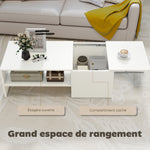 Table basse rectangulaire, table d'appoint plateau coulissant, rangement caché, étagère ouverte, 110 x 52 x 36 cm, blanc
