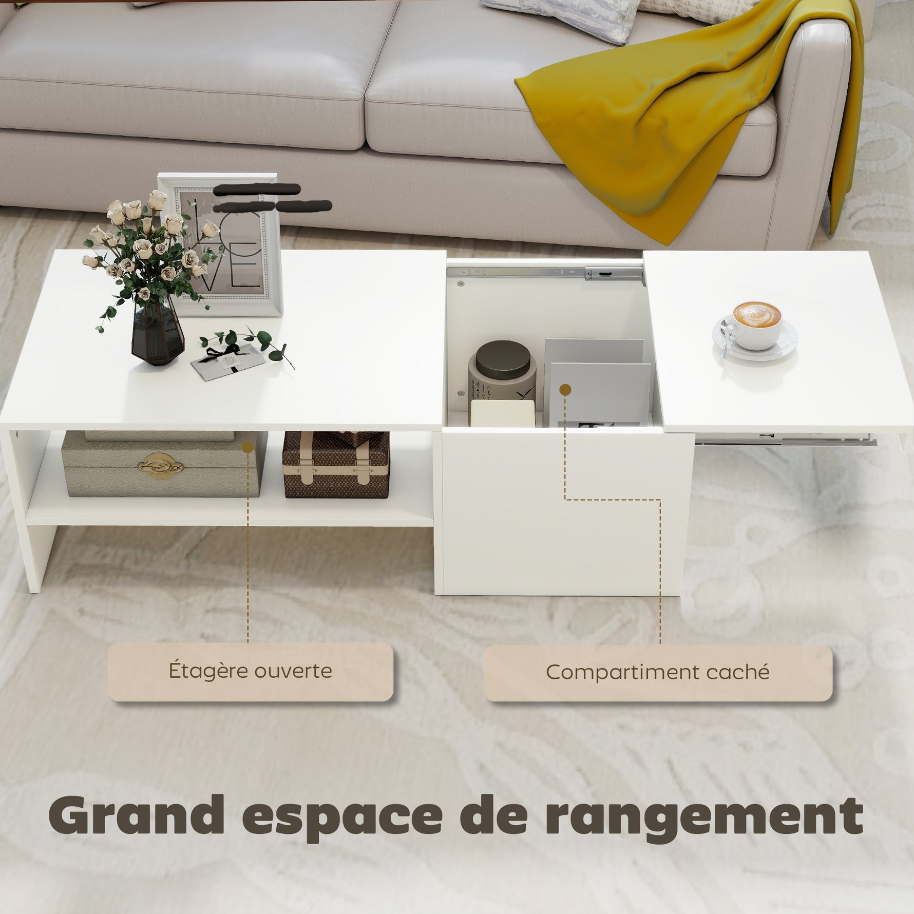 Table basse rectangulaire, table d'appoint plateau coulissant, rangement caché, étagère ouverte, 110 x 52 x 36 cm, blanc