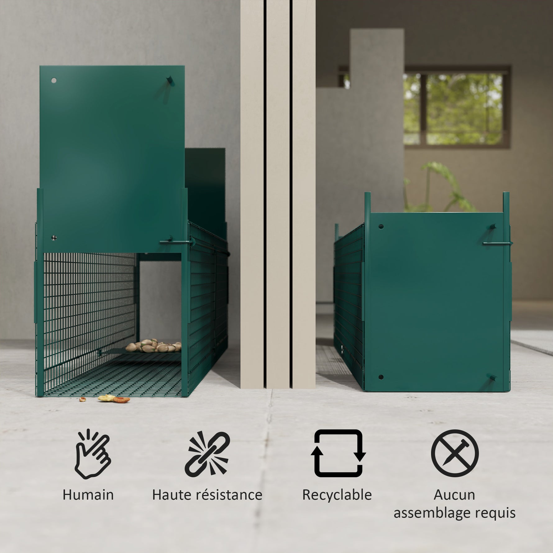 Piège Vivant Cage Attrape 100 x 25 x 28 cm Piège Fouine pour Martres, Rats, Souris - 2 entrées + poignée - métal vert