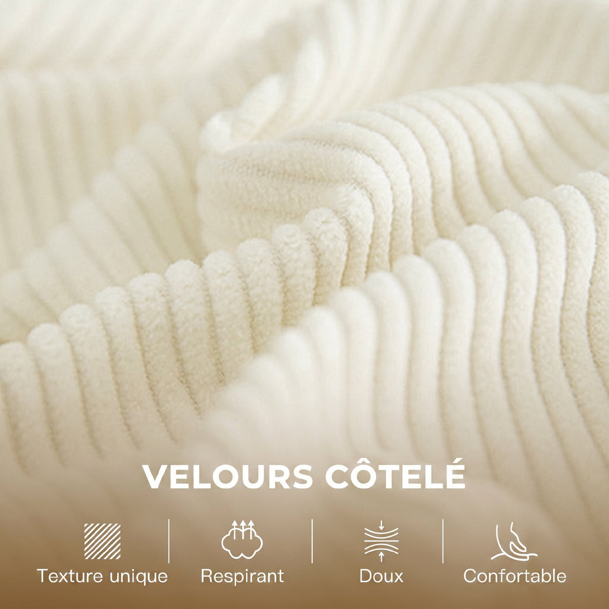 Canapé 2 places en velours côtelé, canapé de salon moderne 134 cm, assise rembourrée, coussin à ressorts, crème