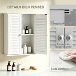Armoire murale de salle de bain, meuble de rangement suspendu avec 2 portes persiennes et étagère réglable, blanc