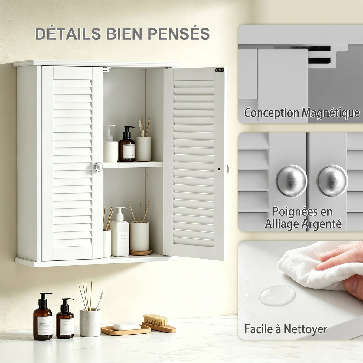 Armoire murale de salle de bain, meuble de rangement suspendu avec 2 portes persiennes et étagère réglable, blanc
