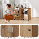 Mesa de costura plegable, mueble de costura abatible con cajones de almacenamiento, estante abierto y ruedas, marrón